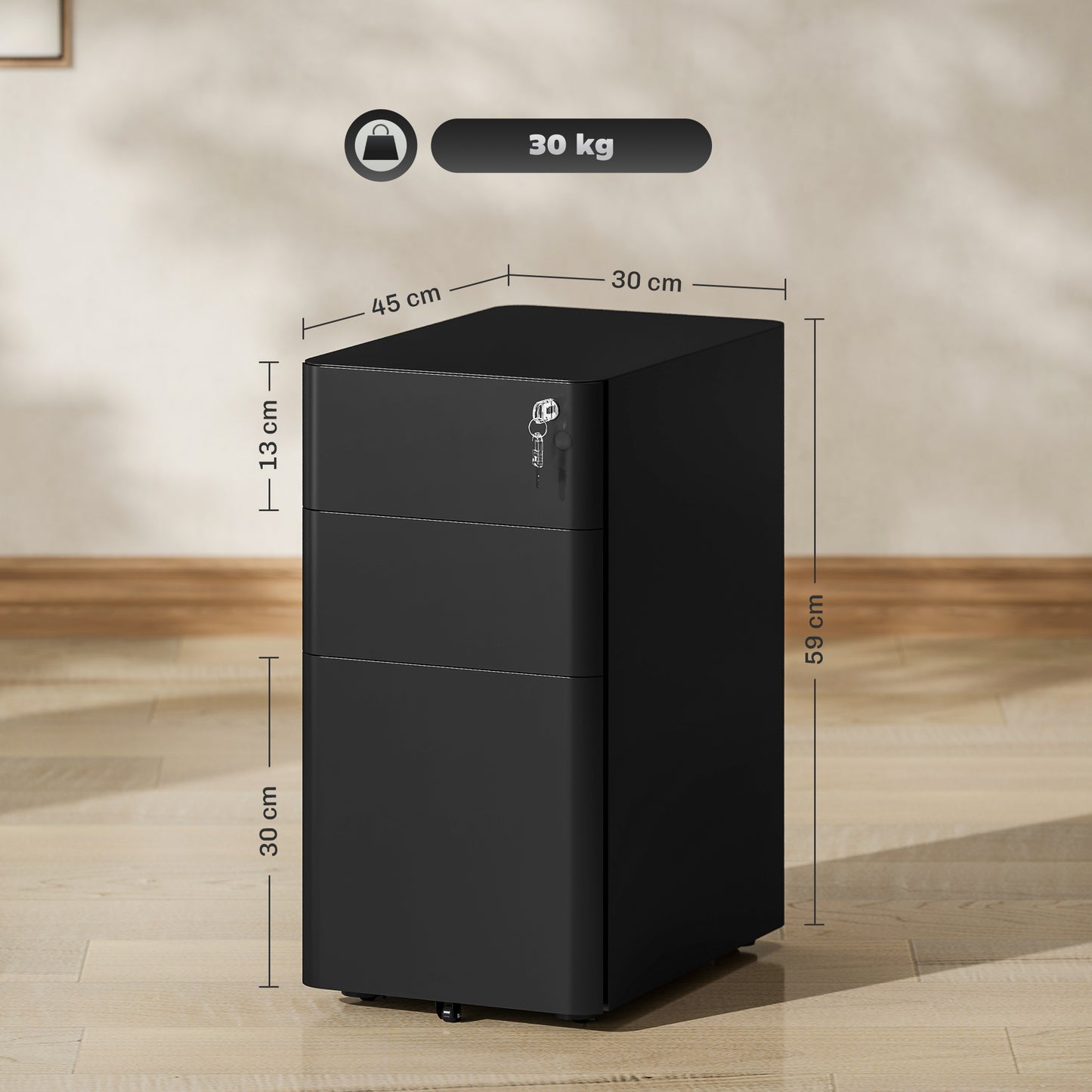 Steel Filing Cabinet with Lock and Wheels for Home Office, Black