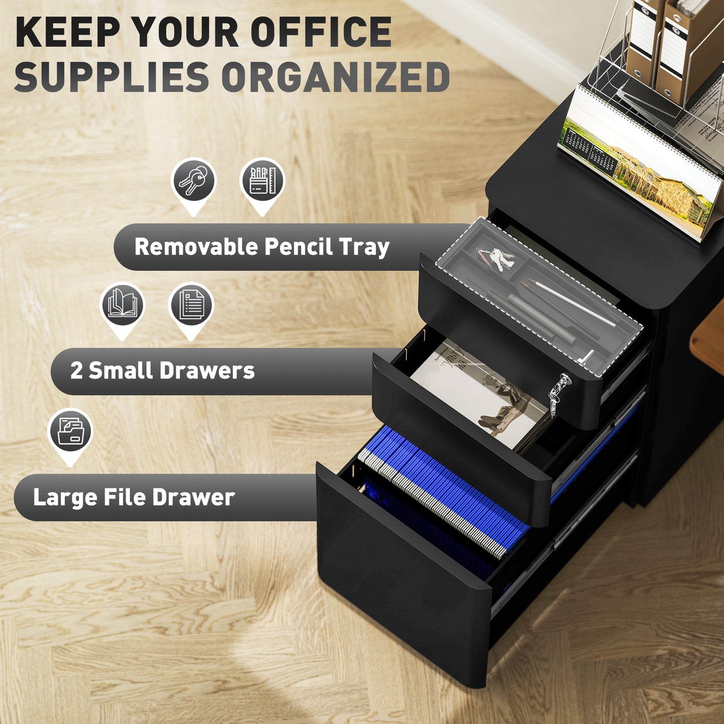 Steel Filing Cabinet with Lock and Wheels for Home Office, Black