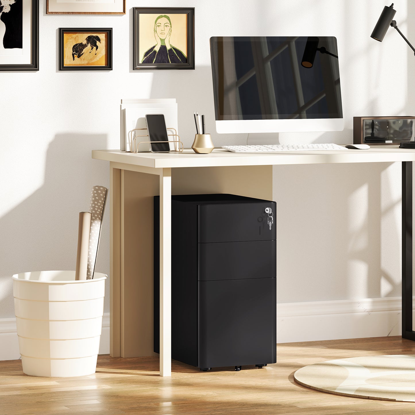 Steel Filing Cabinet with Lock and Wheels for Home Office, Black