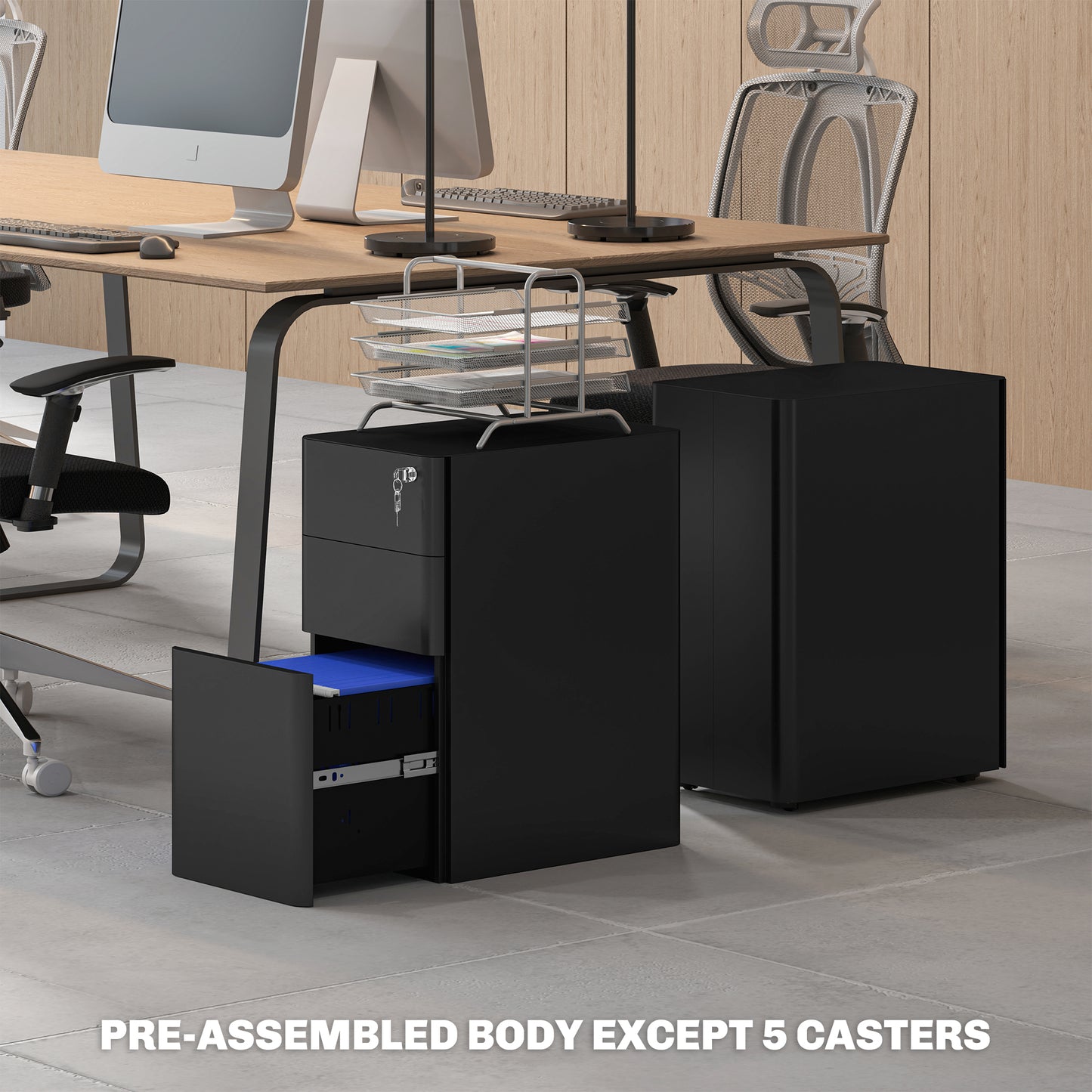 Steel Filing Cabinet with Lock and Wheels for Home Office, Black