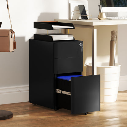 Steel Filing Cabinet with Lock and Wheels for Home Office, Black