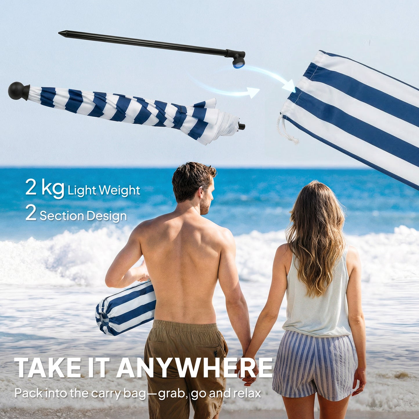 1.8 m Beach Umbrella Parasol with Sand Anchor, Tilt, Blue/White