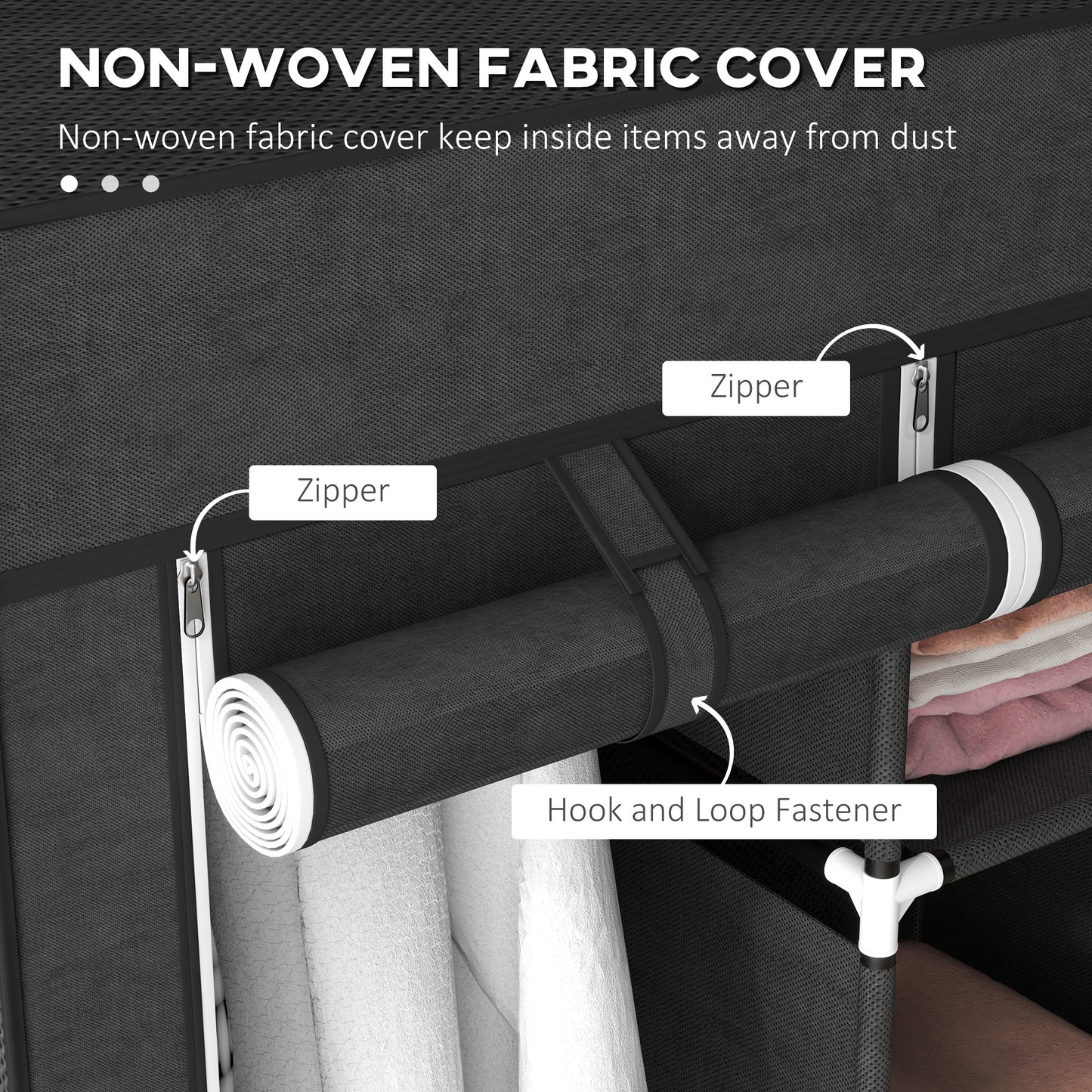 Fabric Portable Wardrobe with 8 Shelves 2 Hanging Rails, Black