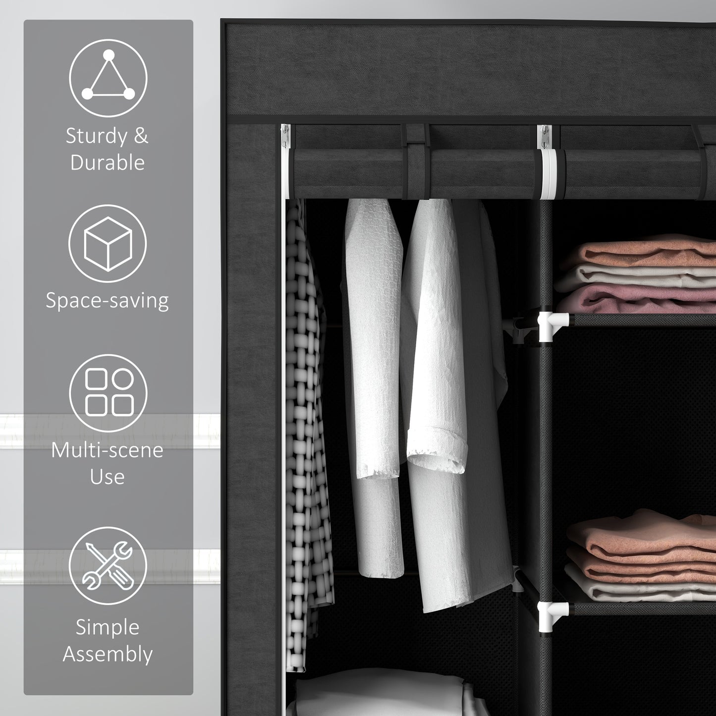 Fabric Portable Wardrobe with 8 Shelves 2 Hanging Rails, Black