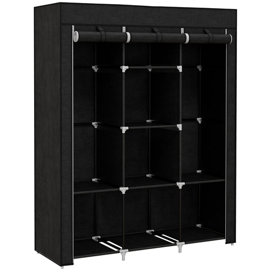 Fabric Portable Wardrobe with 8 Shelves 2 Hanging Rails, Black