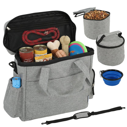 Dog Travel Bag, Dog Walking Bag with Multiple Pockets, Two Food Containers and Silicone Collapsible Bowl, Treat Pouch Bag for Cat Puppy Picnic Camping, Light Grey
