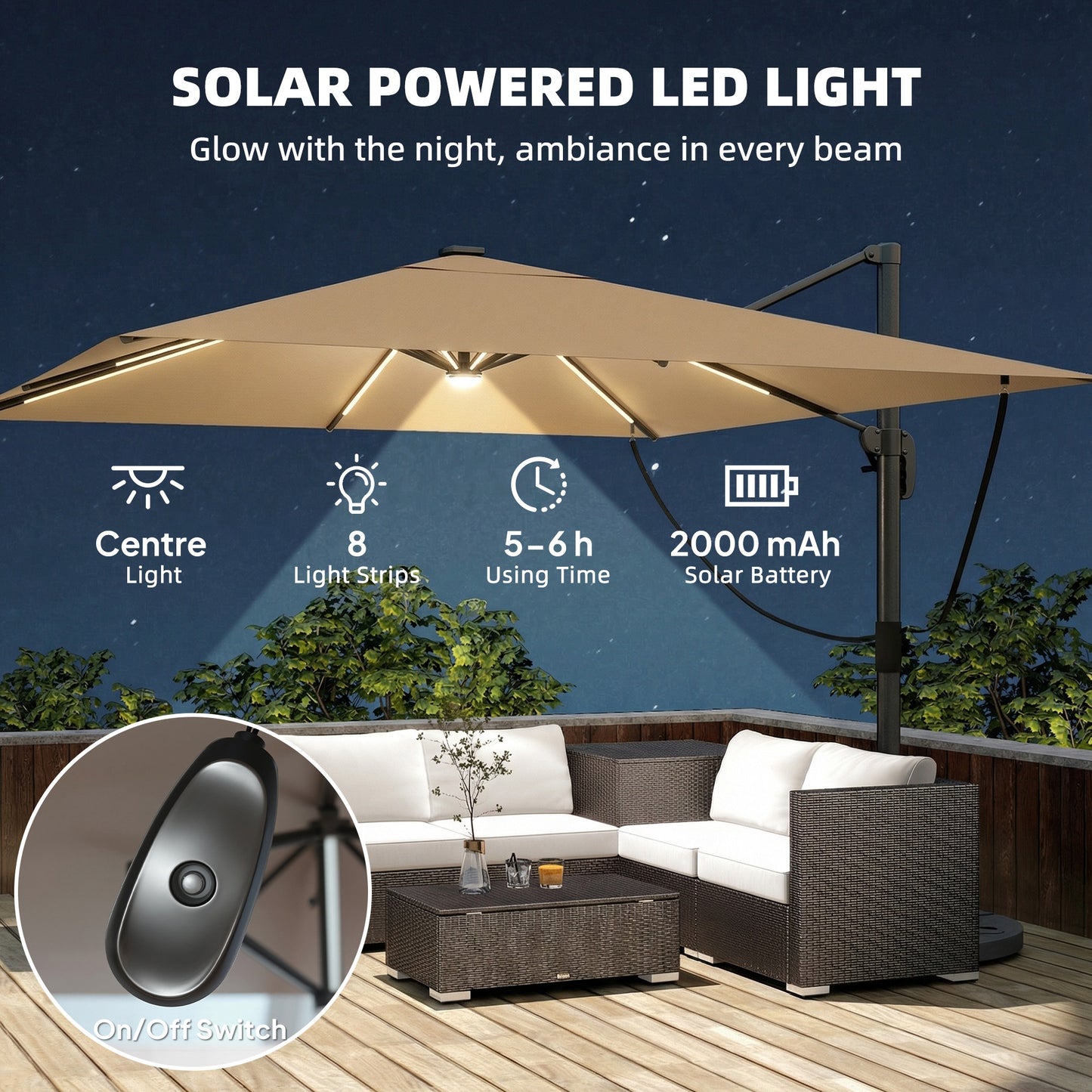 3 x 3 m Garden Cantilever Parasol w/ Light, Cover, Wind Protection