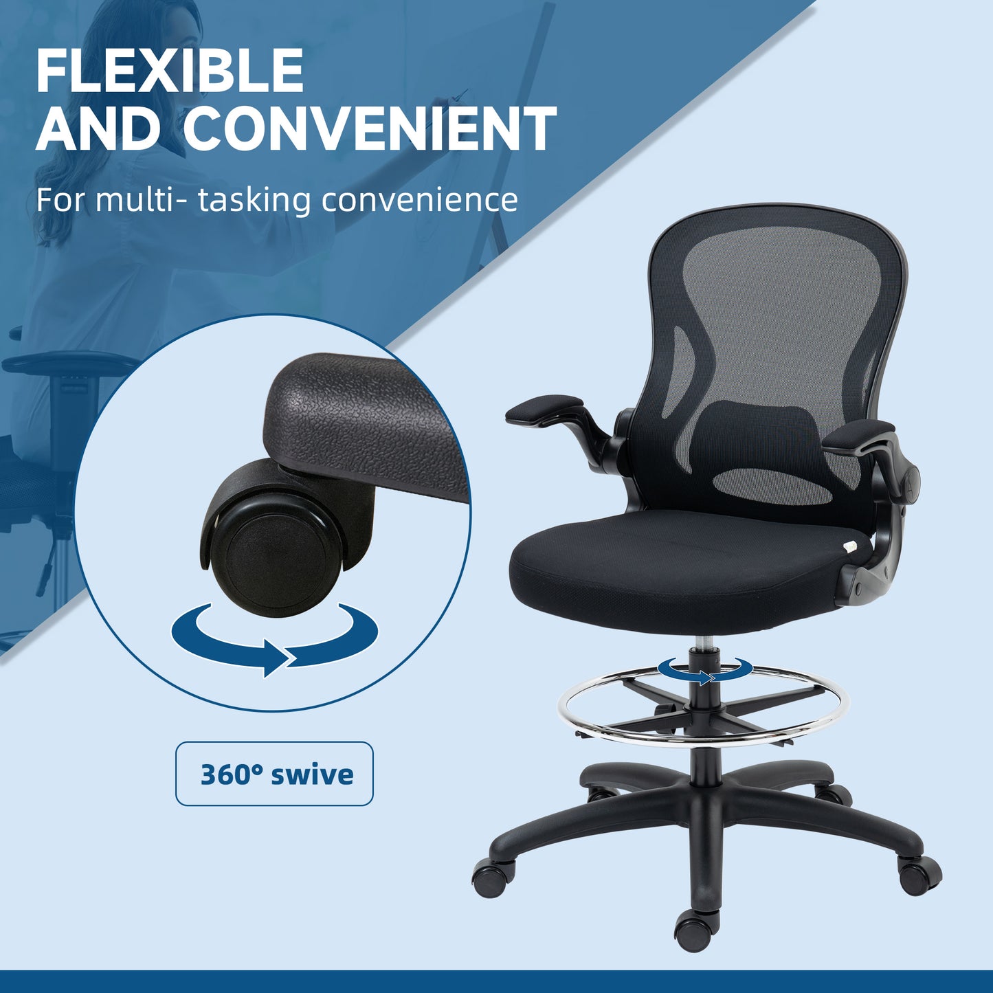 Vinsetto Draughtsman Chair Mesh Chair w/ Adjustable Footrest Ring, Black