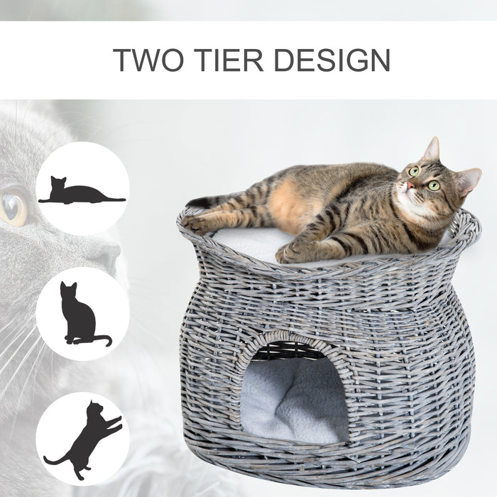 2-Tier Wicker Cat House Elevated Pet Bed Basket Willow Kitten Tower Pet Den. with Washable Cushions 56x37x40cm Grey