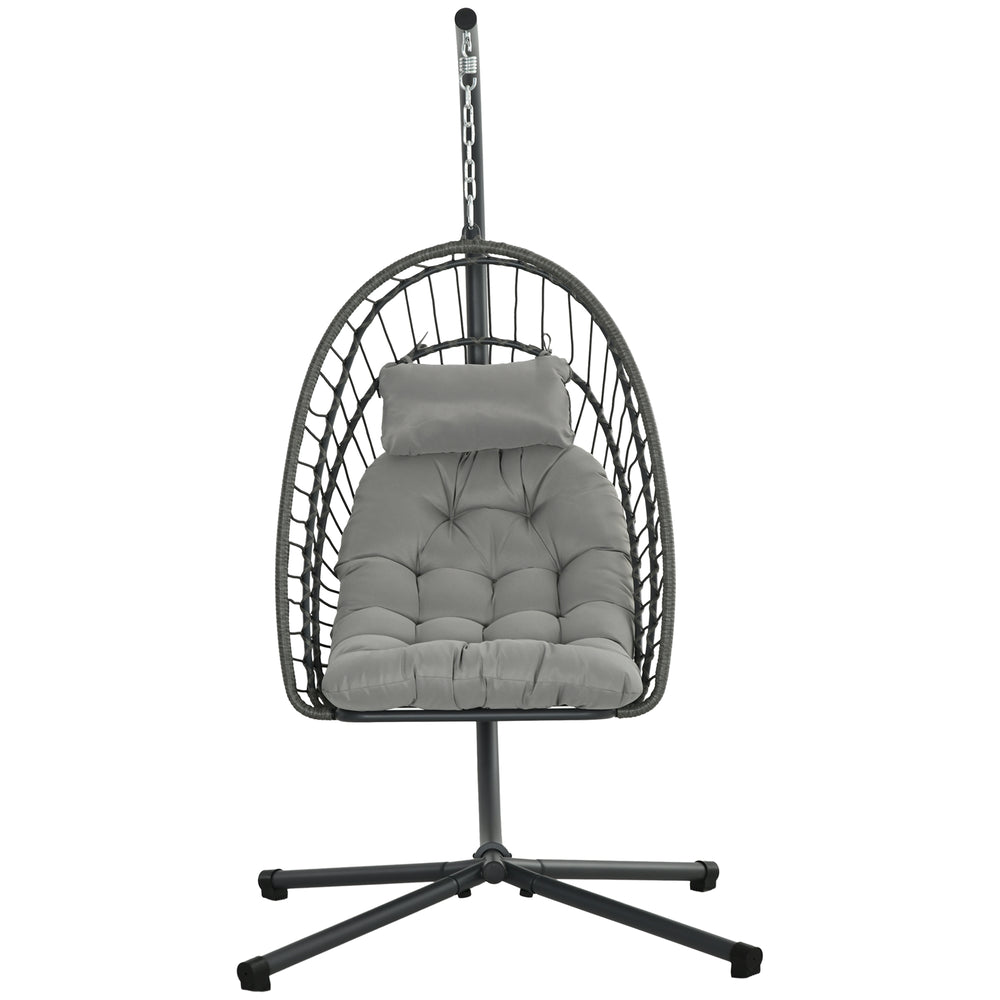 Outdoor PE Rattan Swing Chair with Thick Padded Cushion, Foldable Basket Patio Hanging Chair with Metal Stand, Headrest