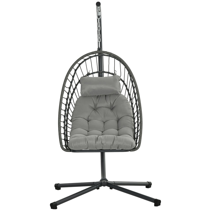 Outdoor PE Rattan Swing Chair with Thick Padded Cushion, Foldable Basket Patio Hanging Chair with Metal Stand, Headrest