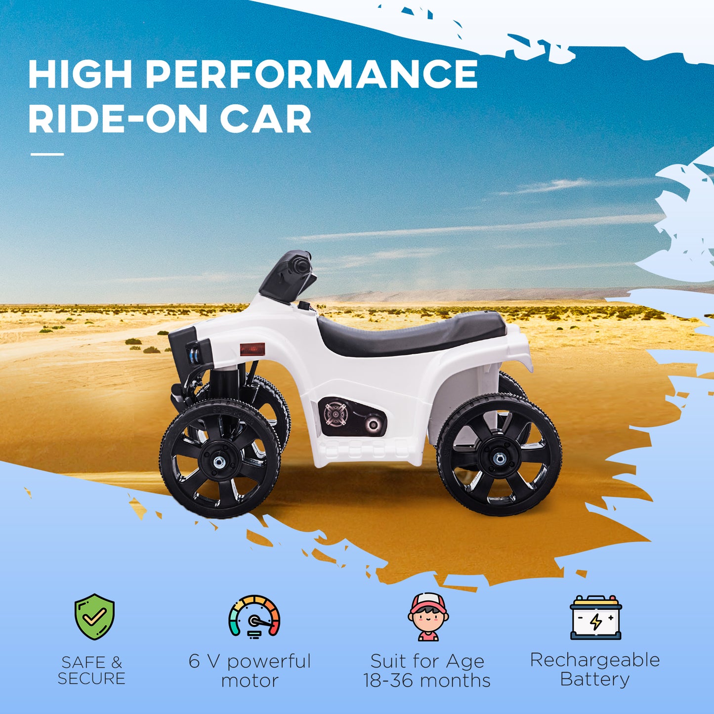 6 V Kids Ride on Cars Electric ATV for 18-36 months Toddlers White+Black