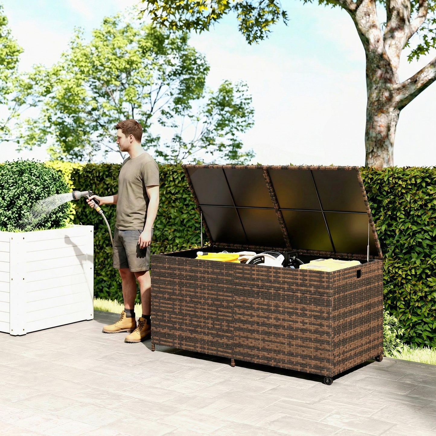 650L Garden Storage Box with Wheels, Waterproof Liner, Mixed Brown