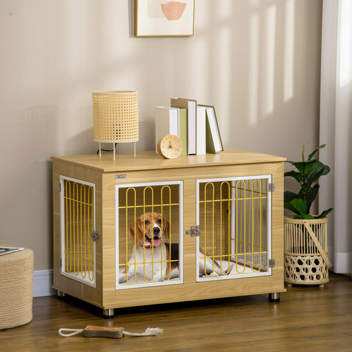 Dog Crate Furniture, Dog Cage End Table. with Soft Cushion, Double Door - Oak Tone