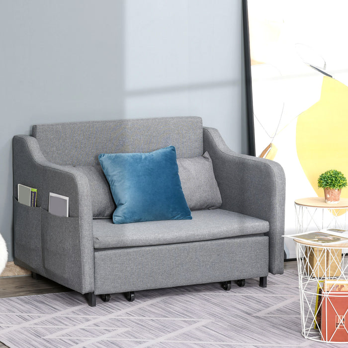 2 Seater Sofa Bed, Pull Out Sofa Bed with Pillows and Side Pockets, Convertible Sleeper Couch for Living Room, Grey