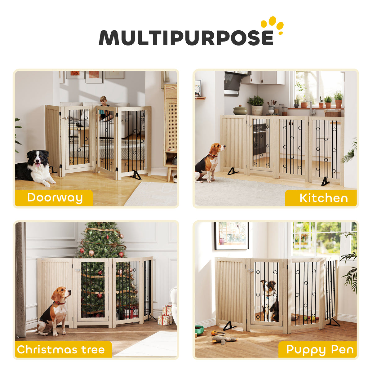 4 Panel Freestanding Pet Gate Foldable with Door for Stairs, Doorway