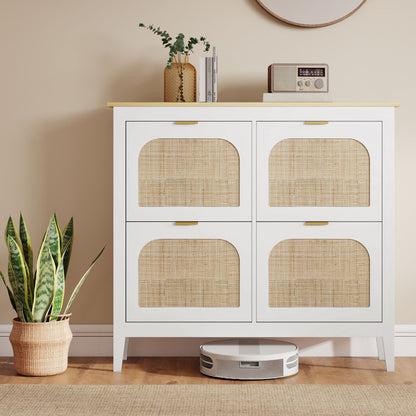 Boho Slim Shoe Cabinet with Rattan Doors, Holds 20 Pairs, White