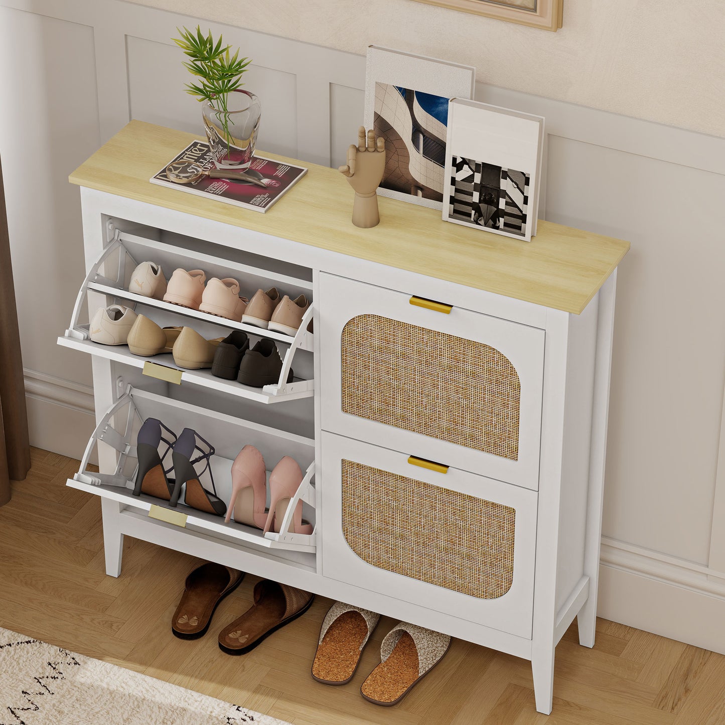 Boho Slim Shoe Cabinet with Rattan Doors, Holds 20 Pairs, White