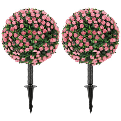 Set of 2 55 cm Artificial Rose Topiary with Ground Stake, UV-Resistant Fake Plants with 306 Roses and Leaves for Indoor Outdoor Home Office Garden Decor, Pink