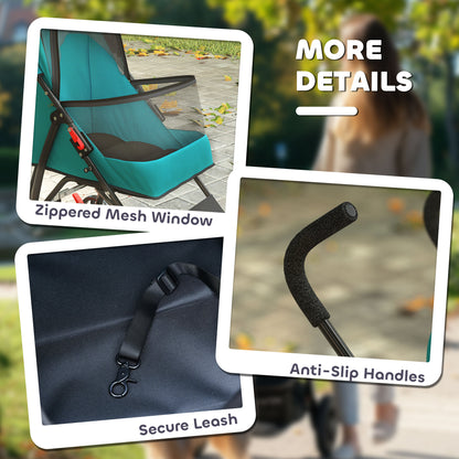 Foldable Dog Stroller with Mesh Windows for Mini Dogs, Dark Green