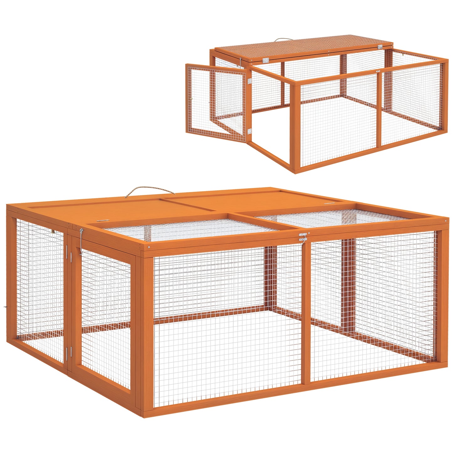 Rabbit Hutch, Folding Wooden Rabbit Run with Openable Top, Orange