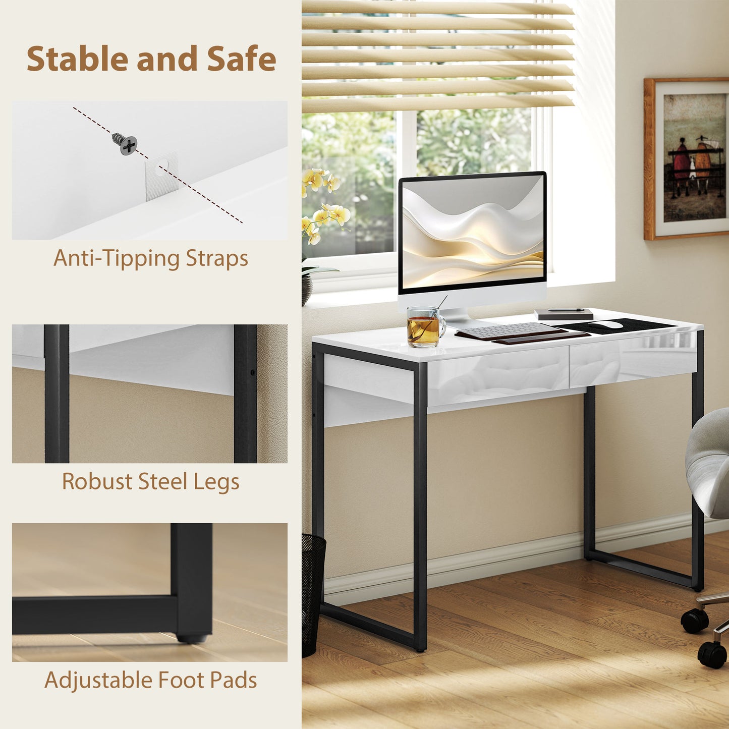 Modern Home Office Desk with High Gloss 2 Drawers Finish White Black