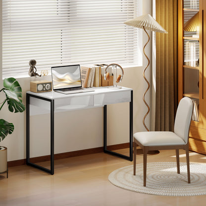 Modern Home Office Desk with High Gloss 2 Drawers Finish White Black