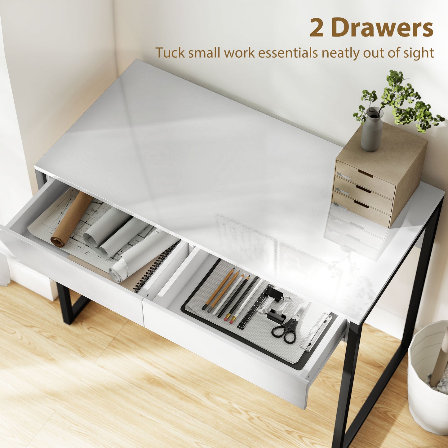 Modern Home Office Desk with High Gloss 2 Drawers Finish White Black