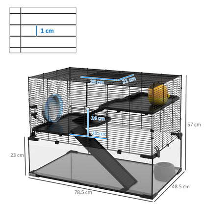 3 Tiers Hamster Cage, Gerbil Cage with Deep Glass Bottom, Non-Slip Ramps, Platforms, Hut, Exercise Wheels, Water Bottle, Dish, for Syrian Hamster, Dwarf Hamster, 78.5 x 48.5 x 57cm