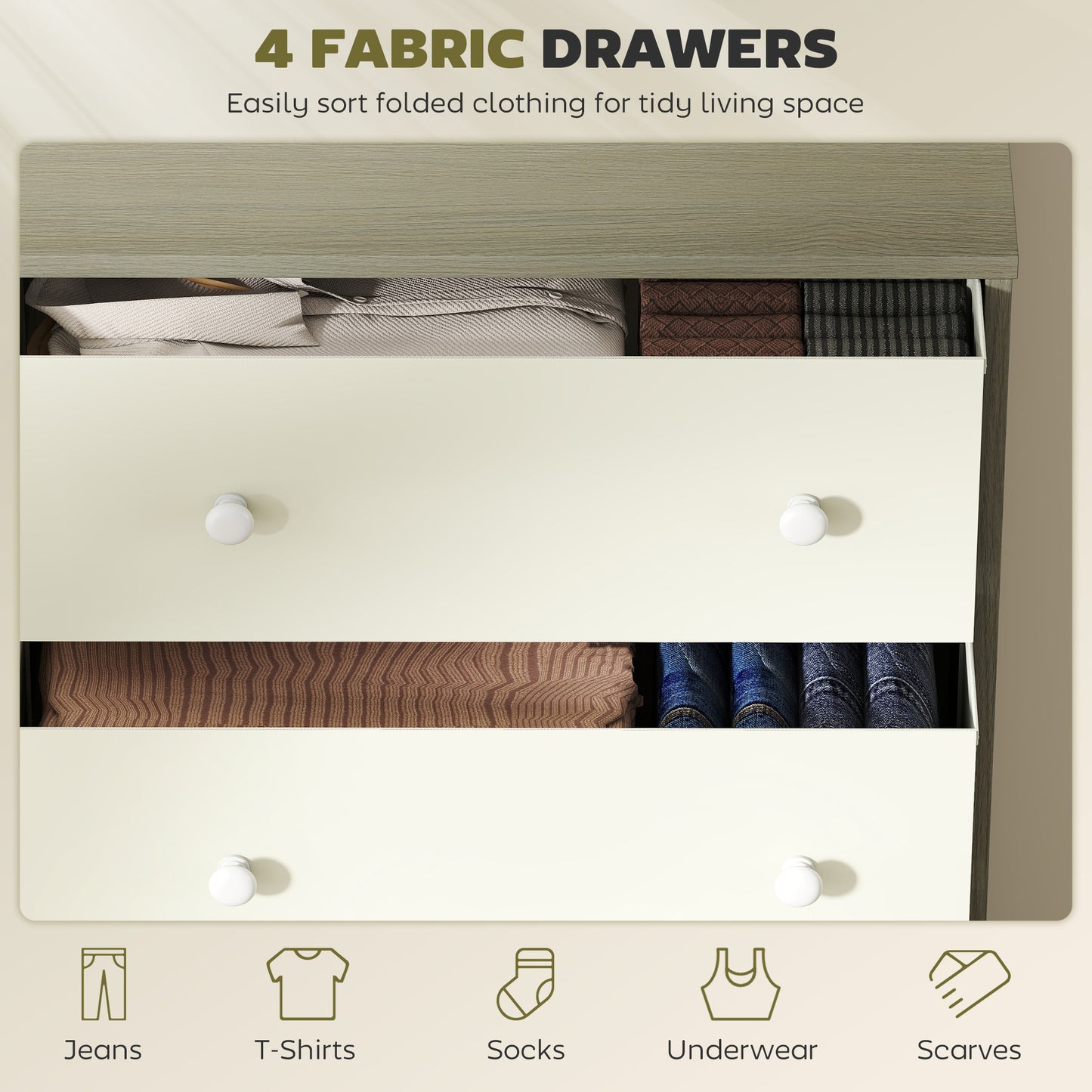 Chest of Drawers, 4 Drawer Dresser for Bedroom, White and Grey