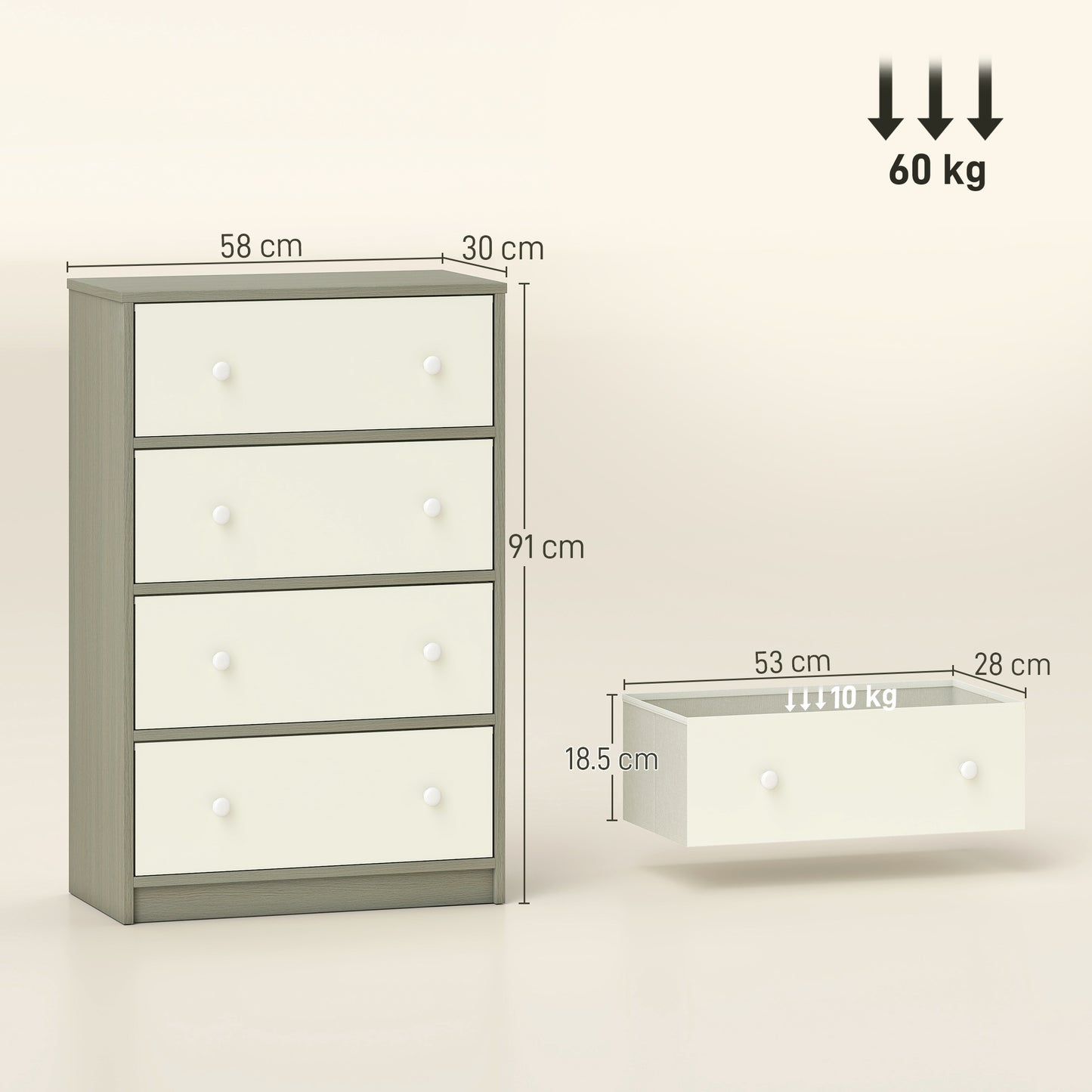 Chest of Drawers, 4 Drawer Dresser for Bedroom, White and Grey