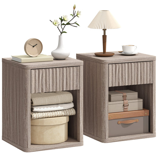 Modern Nightstand with Drawer and Open Shelf, Set of 2, Oak