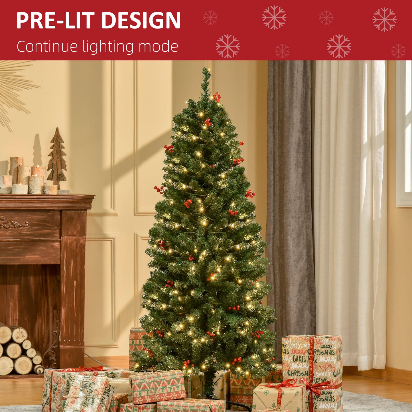 5FT Prelit Pencil Christmas Tree w/ LED Light, Berry, Xmas Decoration