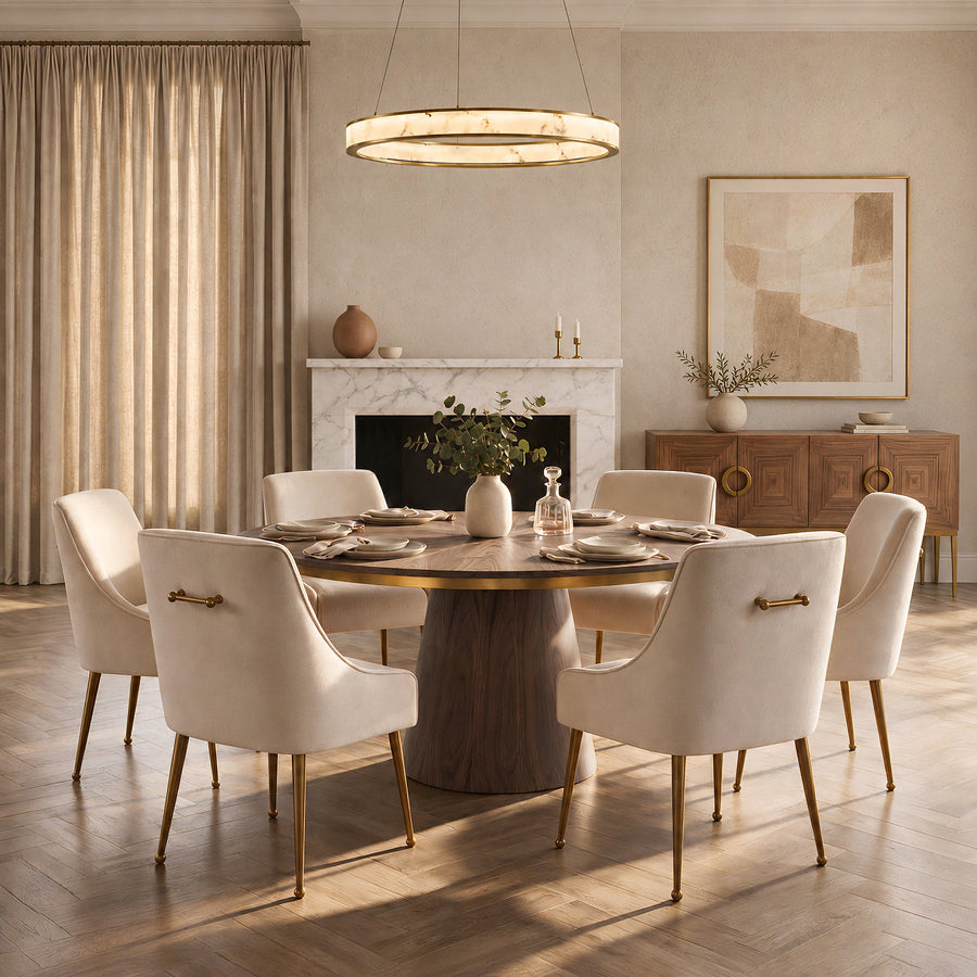 Brewster 6-8 Seat Walnut Dining Table and 6 Mason Chalk Chairs
