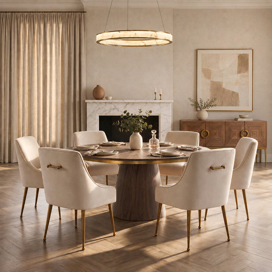 Brewster 6-8 Seat Walnut Dining Table and 6 Mason Chalk Chairs