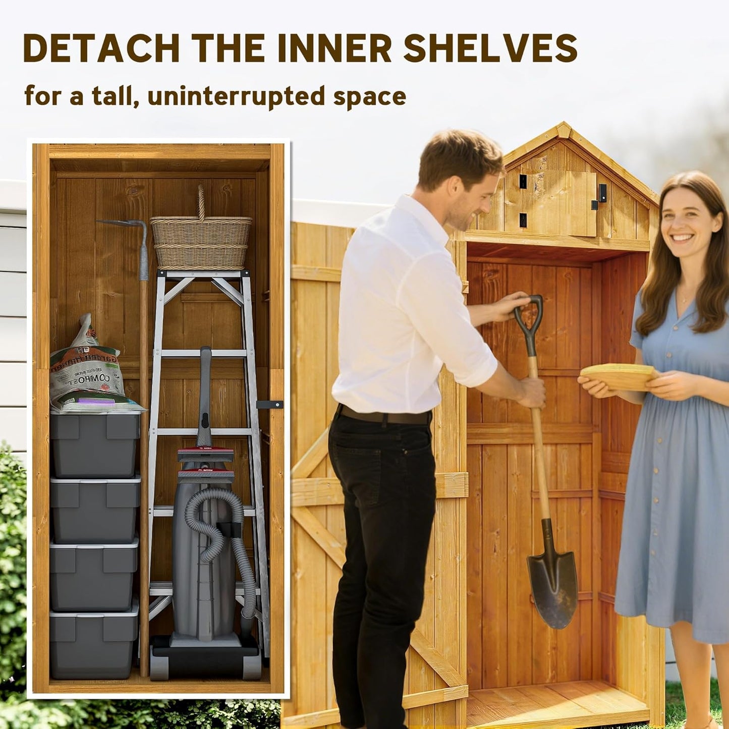 Wooden Garden Storage Shed Utility Gardener Cabinet w/ 3 Shelves and 2 Door, 191.5cm x 79cm x 49cm, Natural Wood Effect