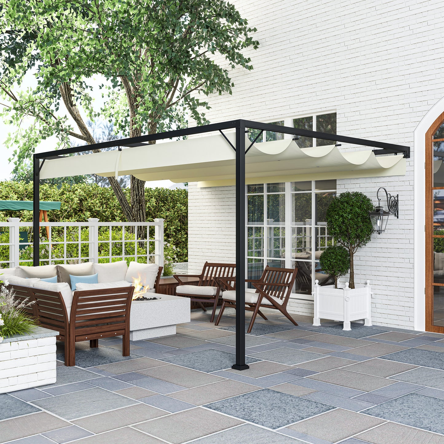 4 x 3(m) Outdoor Pergola Retractable Canopy Wall Mounted, Cream