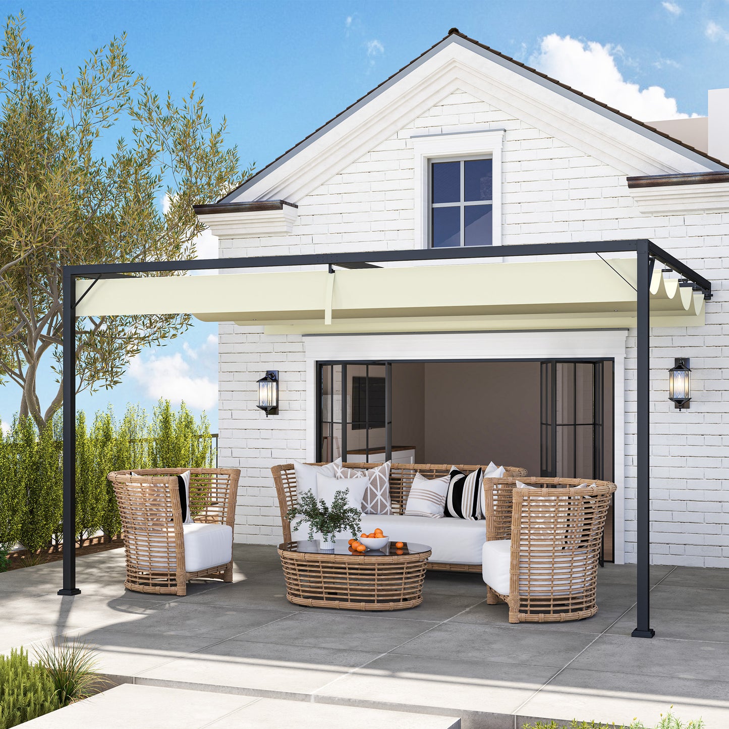 4 x 3(m) Outdoor Pergola Retractable Canopy Wall Mounted, Cream