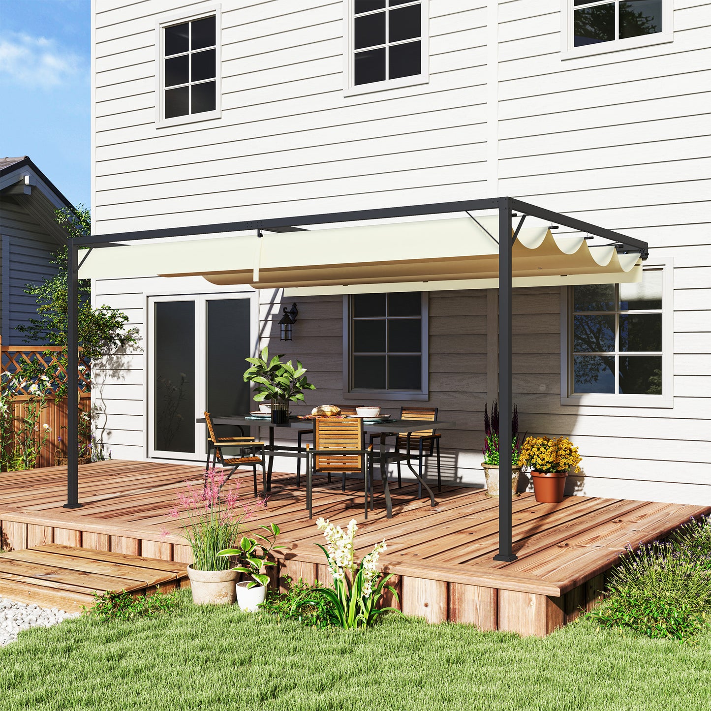 4 x 3(m) Outdoor Pergola Retractable Canopy Wall Mounted, Cream