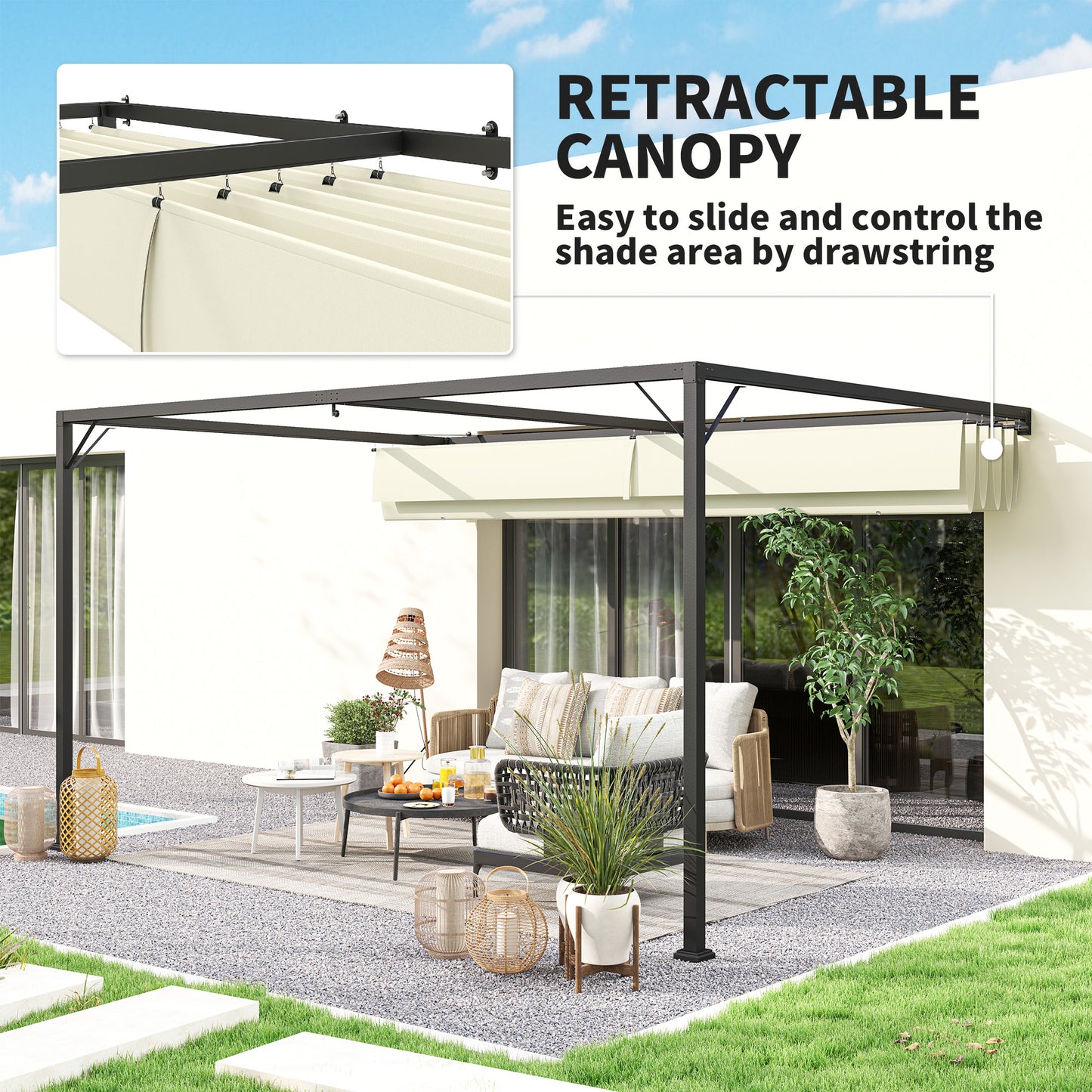 4 x 3(m) Outdoor Pergola Retractable Canopy Wall Mounted, Cream