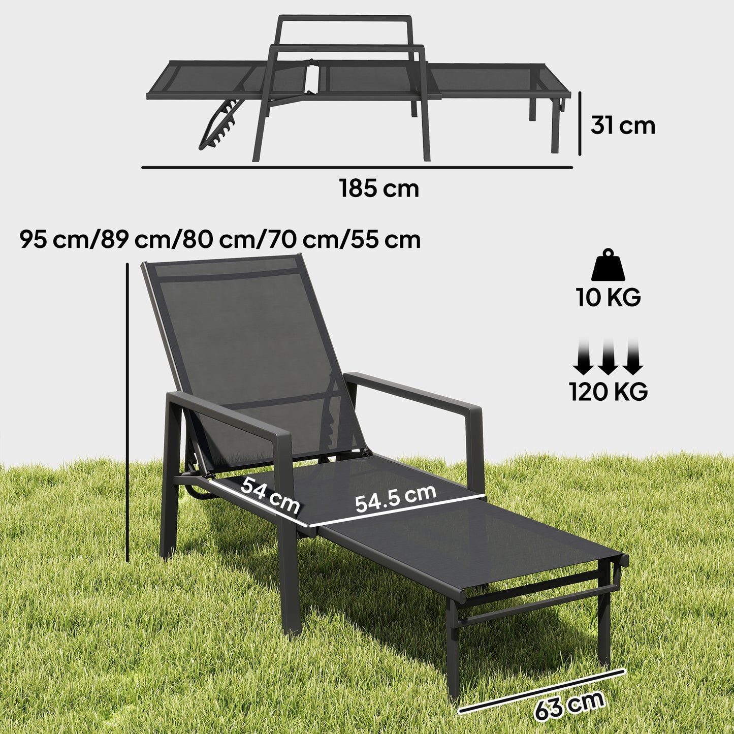 Sun Lounger w/ Retractable Footrest, 5-Position Adjustable