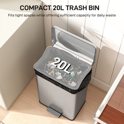 Pedal Bin with Soft-Close Lid, 20L Stainless Steel Kitchen Bin Silver