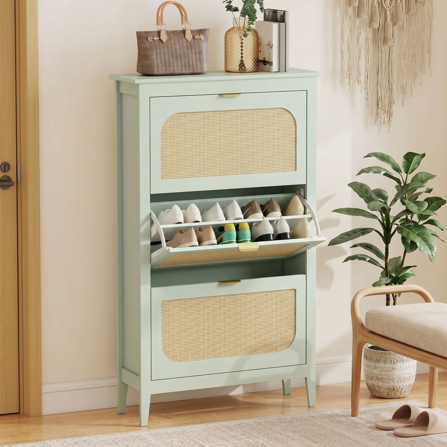 Boho Slim Shoe Cabinet with Rattan Doors, Holds 21 Pairs, Green