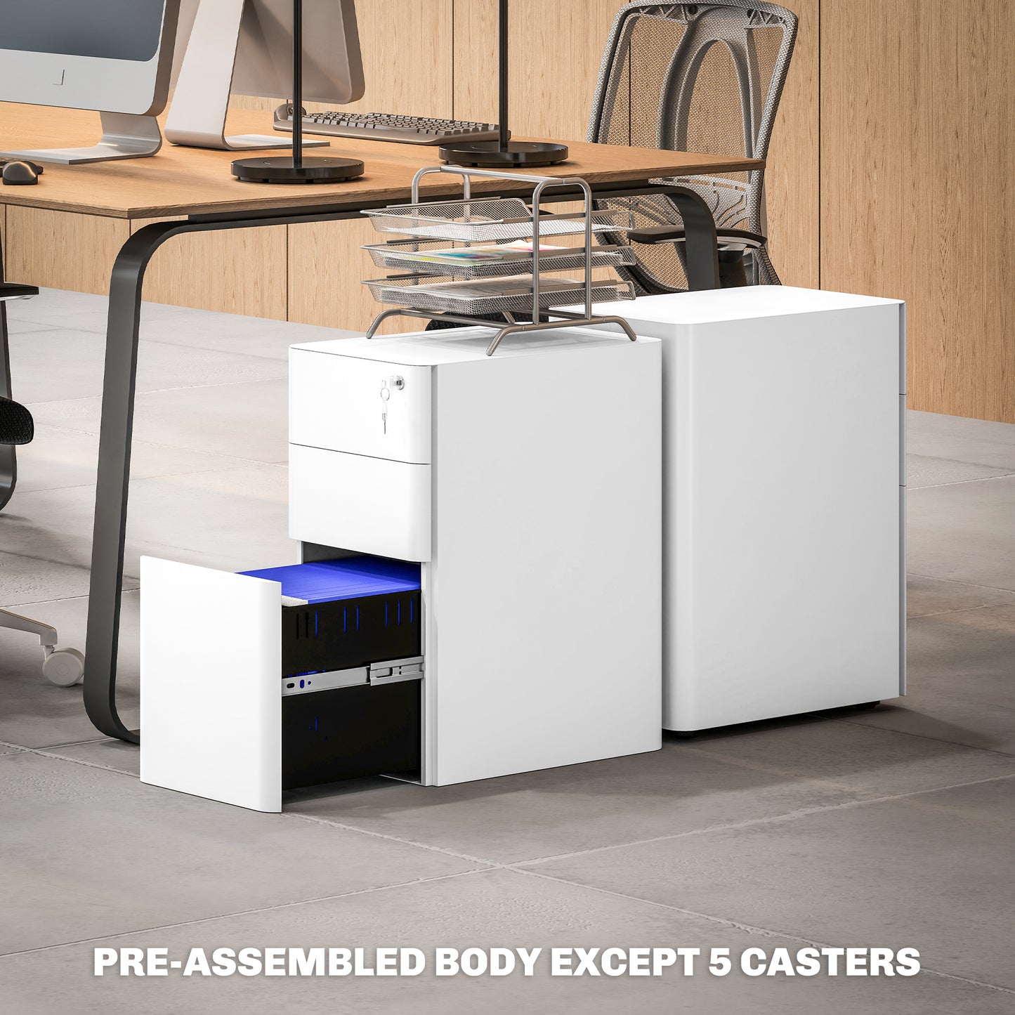 Steel Filing Cabinet with Lock and Wheels for Home Office, White