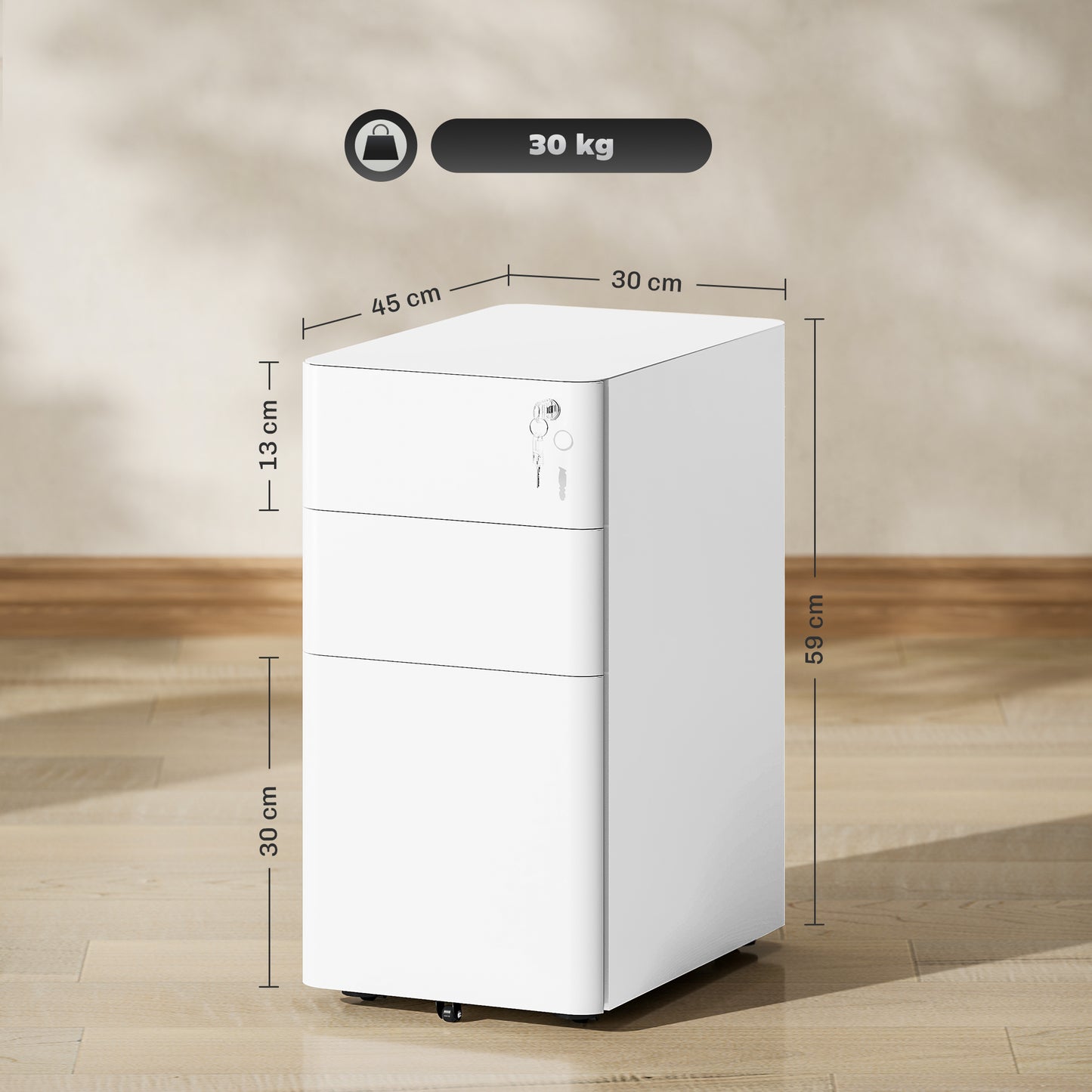 Steel Filing Cabinet with Lock and Wheels for Home Office, White