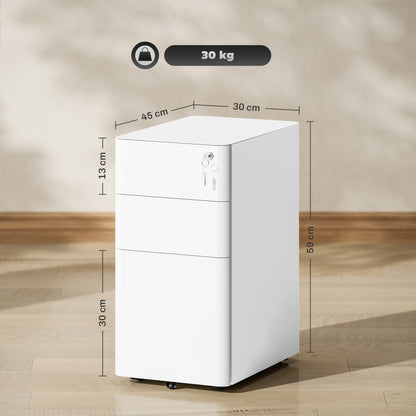 Steel Filing Cabinet with Lock and Wheels for Home Office, White