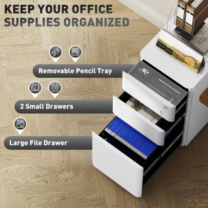 Steel Filing Cabinet with Lock and Wheels for Home Office, White