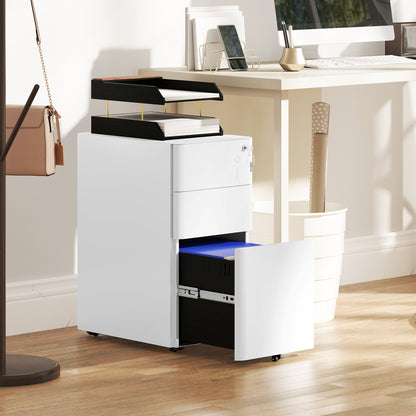 Steel Filing Cabinet with Lock and Wheels for Home Office, White