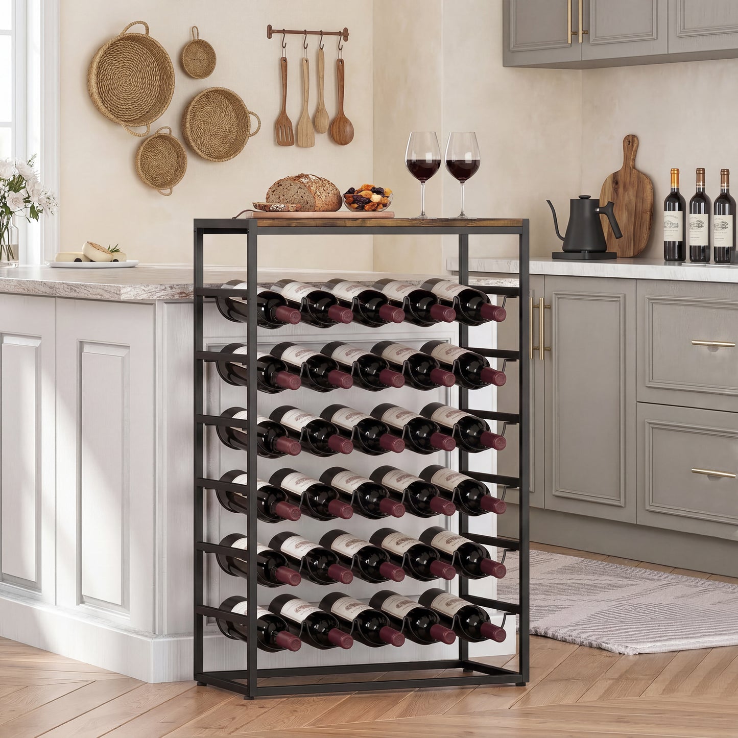 30 Bottles Wine Rack, 6 Tier Wine Storage Holder, Rustic Brown