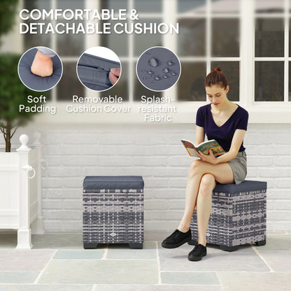 Set of 2 Rattan Footstool, Storage Ottoman w/ Cushions, Dark Grey